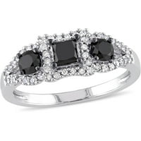 Carat T.W. Hercegnő és kerek vágott fekete-fehér gyémánt 10KT fehérarany háromköves eljegyzési gyűrű