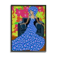 Stupell Industries Nő Kék Retro Virágmintás Botanikai & Virágos Festmény Fekete Keretes Művészet Nyomtatás Fal Művészet
