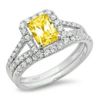1.57 ct ragyogó smaragd vágott szimulált sárga gyémánt 14K fehér arany Halo pasziánsz díszítéssel menyasszonyi szett
