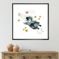 Designart 'Kis Penguin repülő bolygók és csillagok I' Farmhouse keretes vászon fal art nyomtatás