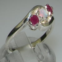 Brit készült 18K fehér arany természetes opál & Ruby Női trilógia gyűrű - méret opciók-méret 7.75