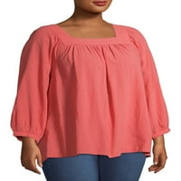 Terra & Sky Women's Plus Size Square Neck szőtt paraszt negyed hüvely teteje