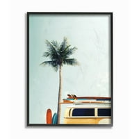 A Stupell Home Dekor Collection Surf Bus Sárga pálmafa fotózással keretes Giclee texturizált művészet