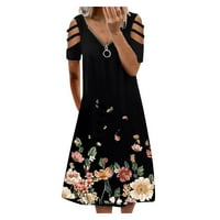 PhoneSoap Női Virágmintás V-nyakú nyári alkalmi rövid ujjú cipzáras ruha Fekete XL