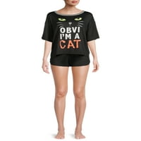 Macska női és női plusz Halloween rövid ujjú póló és pizsamás rövid szett, 2db