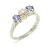 18K fehér arany tenyésztett gyöngy & Tanzanite Női évforduló gyűrű-méret 7.75