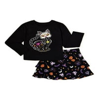 Girls Halloween hosszú ujjú fekete macska póló és többszintű szoknya, 2 darabos ruhakészlet, méret 4-18