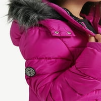 Justice Girls Puffer Jacket Fau szőrme bélelt motorháztetővel, méretek 5-18