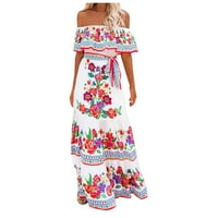 Clearance Női Nyári Off Váll Strand Ruha Vállnélküli Bandeau Vintage Virágos Nyomtatott Maxi Hosszú Ruha, Hawaii Ruhák