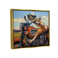 A Stupell Industries kutya és macska egy vörös motorkerékpár -utazáson festett fém arany keretes úszó vászon fali művészet,