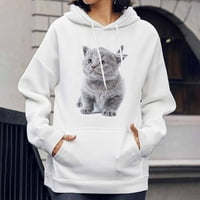 Női aranyos cica kutya nyomtatás pulóverek hosszú ujjú kapucnis pulóver zsebek pulóver fehér Méret XL